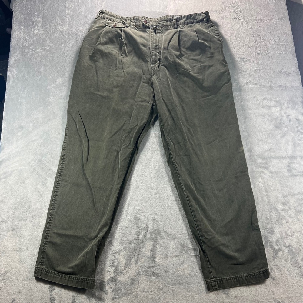 EVERGREEN Trousers Mens 40x31.5 Olive Grey Fair Relaxed Fit Pleated Cotton Twill